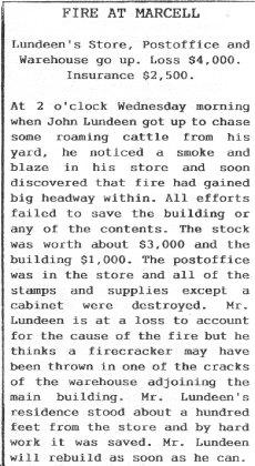 Newspaper article about fire at Marcell Minnesota